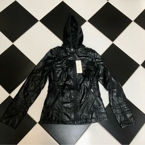 NWT Cinnie Black Faux Leather Hoodie Bomber Jacket Sweatshirt Layered Look sz L